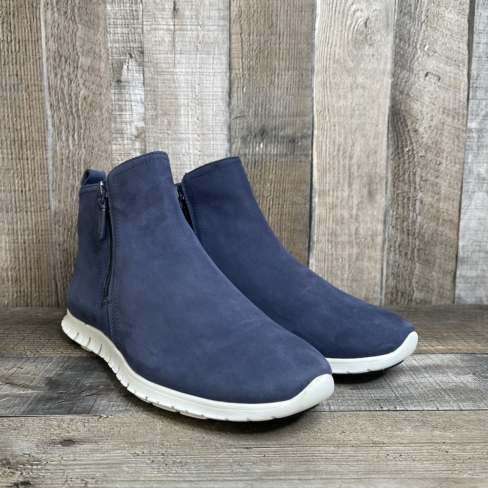 Womens Cole Haan ZeroGrand Double Zip Blue Nubuck WP Ankle Boots Size 8.5 B EUC